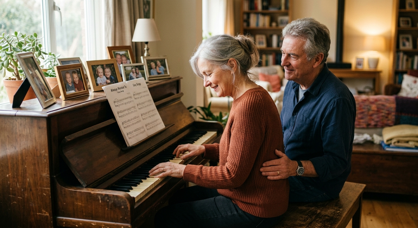 Older couple at a home piano, ad creative