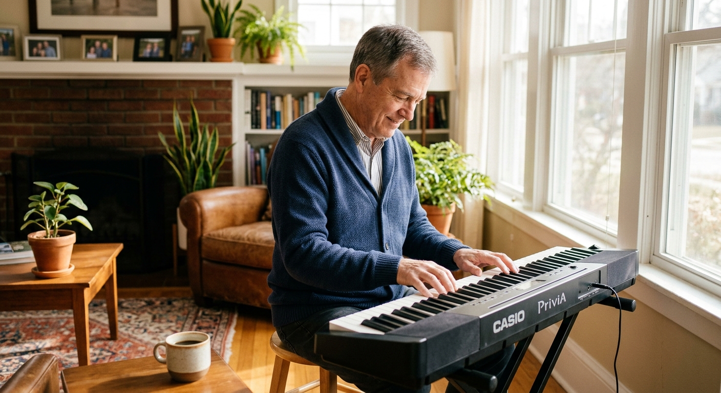 A retired man smiling at a home keyboard in his living room