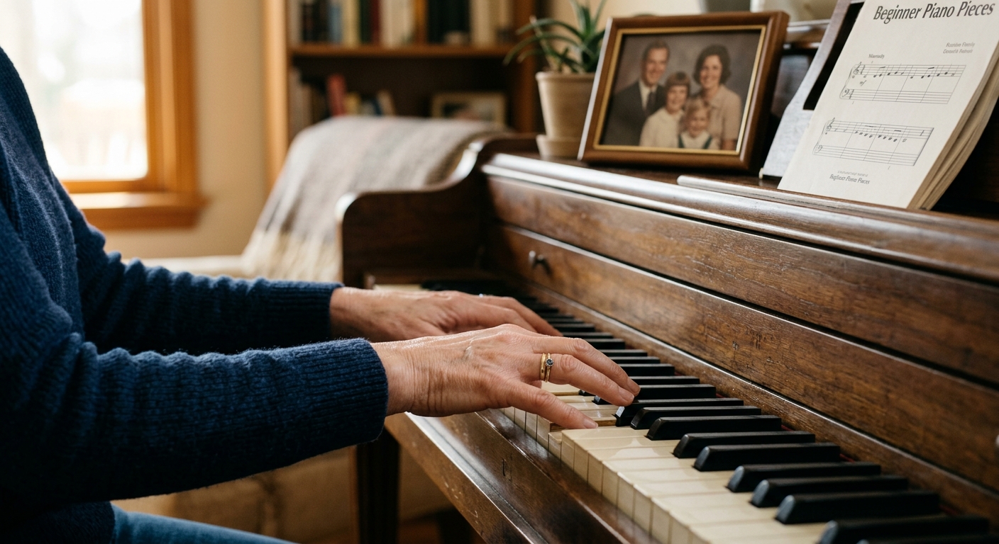 Older adult hands playing an upright home piano with warm natural light
