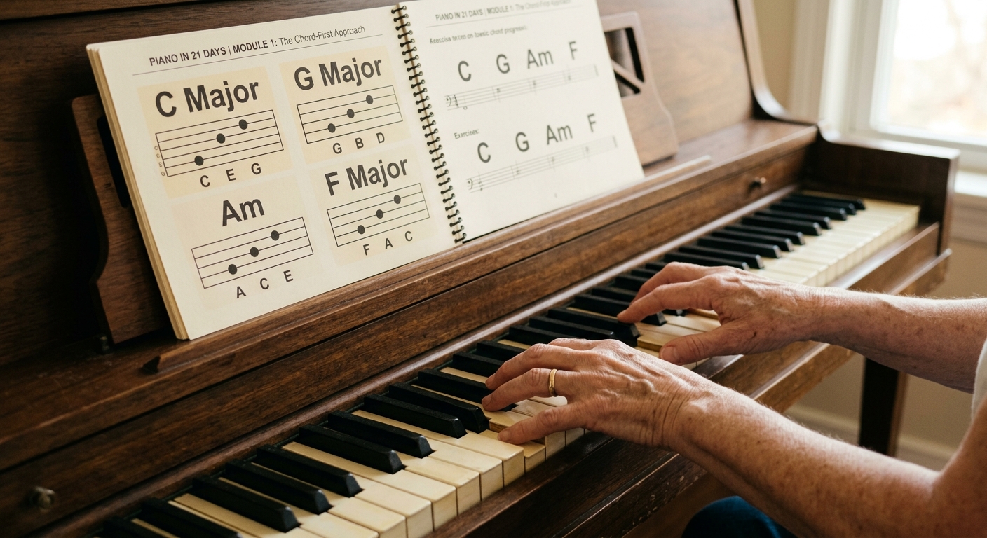 A piano chord chart on a music stand with hands forming a C major chord