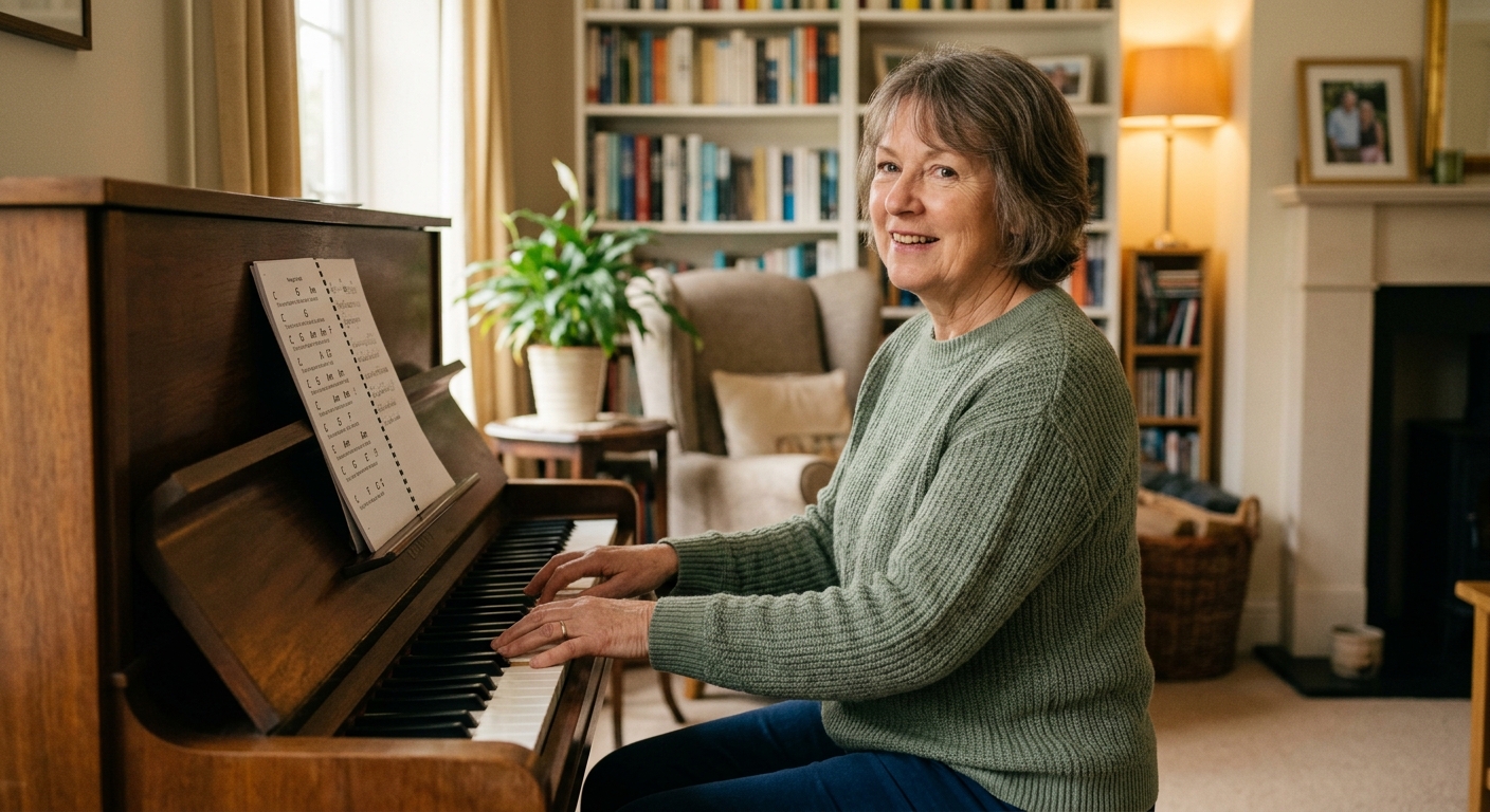 An older woman smiling at the piano playing from a chord-chart songbook