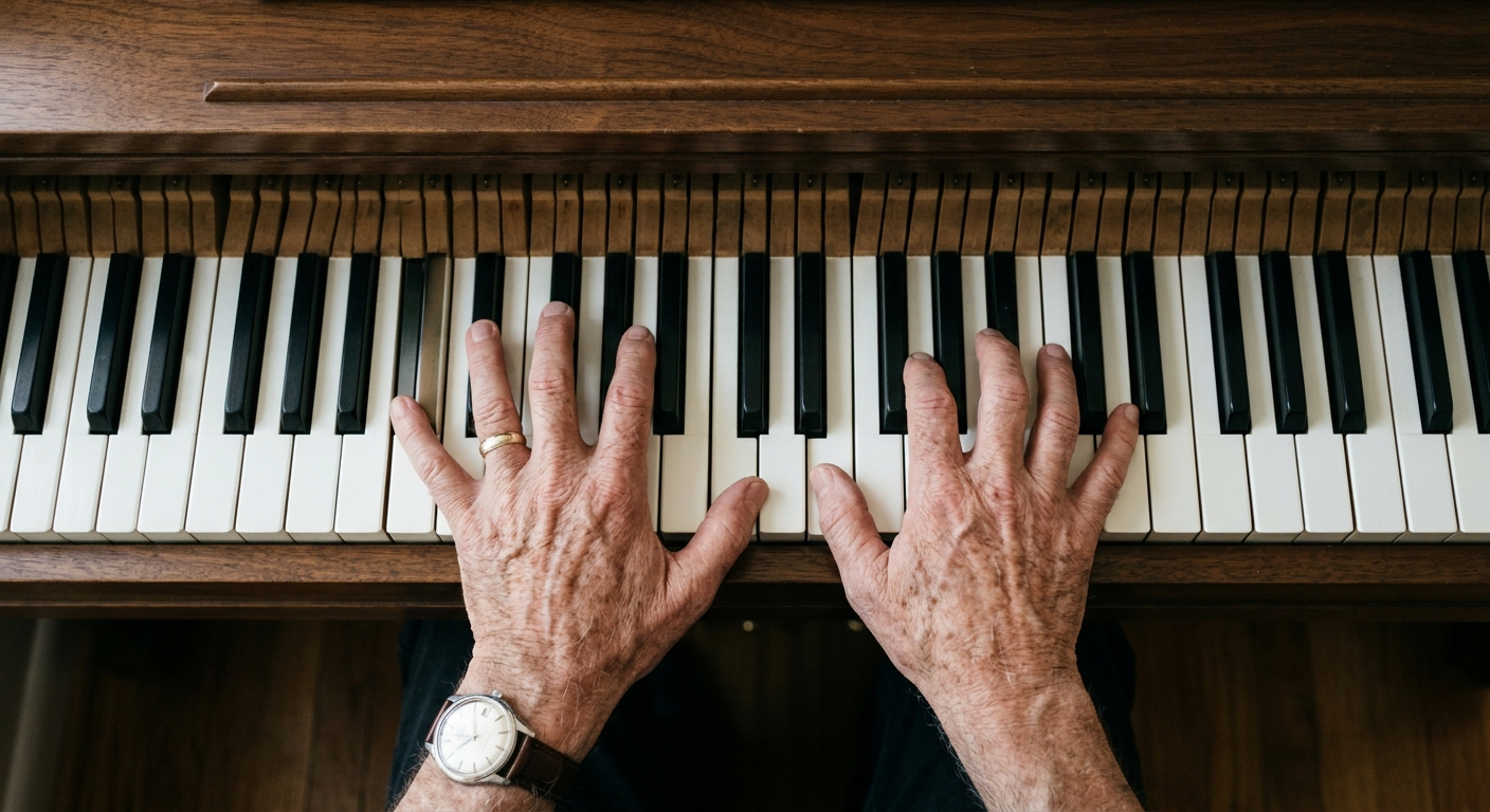 Overhead view of an older adult's hands playing chords on a piano