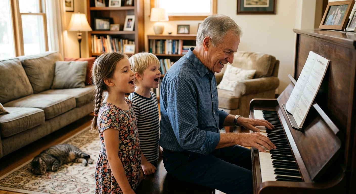 A grandfather playing piano while grandkids sing along in a warm living room