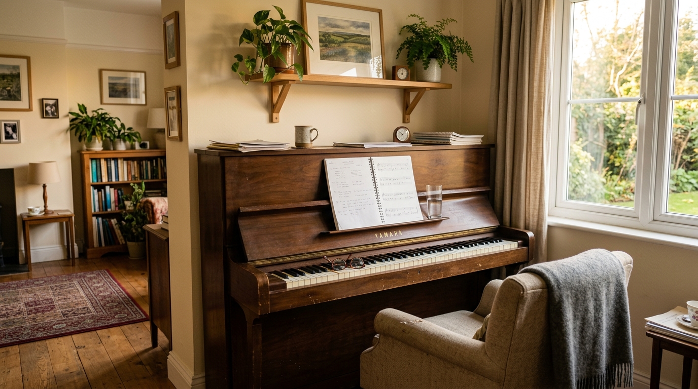 A cozy home piano room with an open workbook, warm afternoon light, and a comfortable reading chair