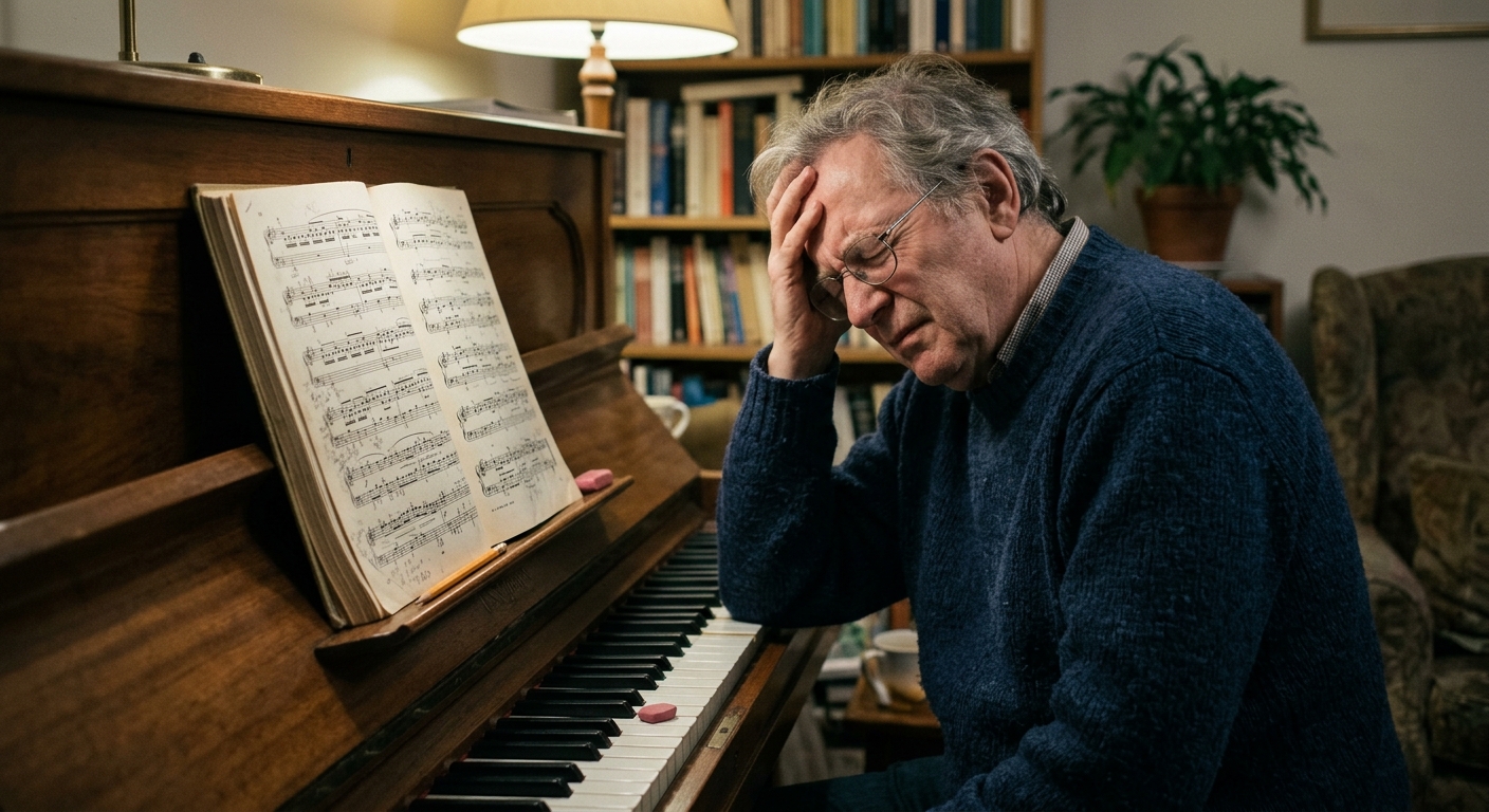 An older adult looking frustrated at a book of classical sheet music on a piano
